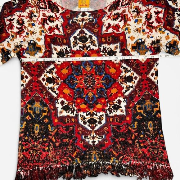 Burgundy and Red Tapestry Short Sleeve Knit Top with Bottom Hem Fringe - Picture 7 of 8